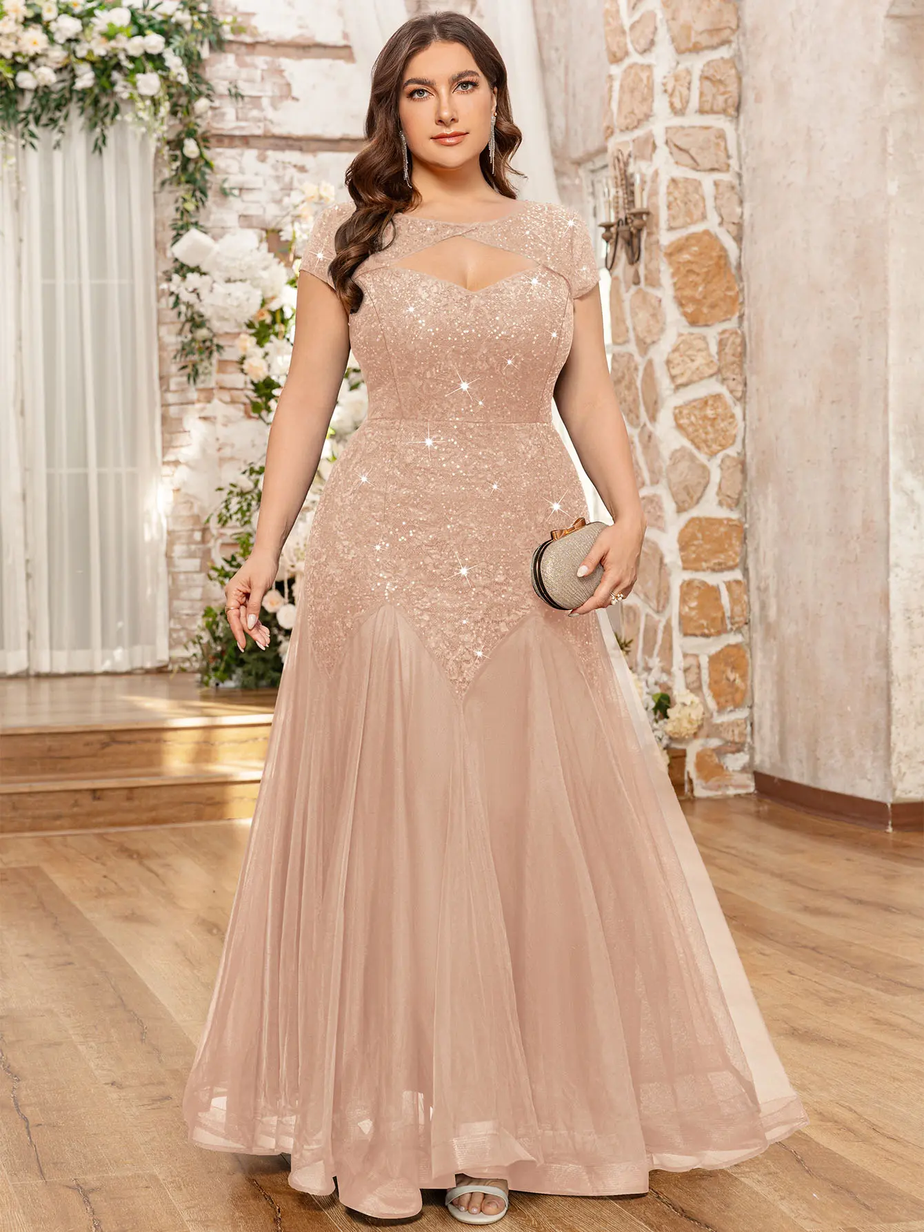 【Plus Size】MISSMAY P24490A Women's Sequin Lace Cut Out Tulle Mermaid Formal Bodycon Evening Maxi Dress For Bridesmaid Event Formal Party Occasions summerwins