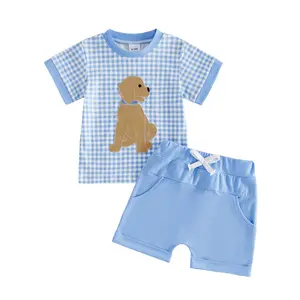 Toddler Boy Summer 2-Piece Casual Set, Polyester Blend Plaid Short-Sleeve Top with Puppy Embroidery, Elastic Waist Shorts, Baby Boy Casual Clothing
