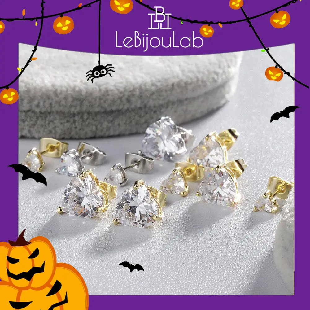 [LeBijouLab] Golden & Silver Heart Studs Earrings w/ 5A Dazzling Cubic Zirconia Stones, Hip-Hop Heart Studs For Women,
