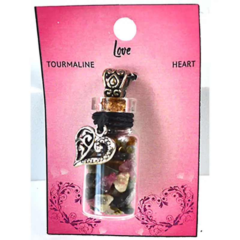 Tourmaline Chips Bottle Necklace with Heart Charm — Protection Crystal