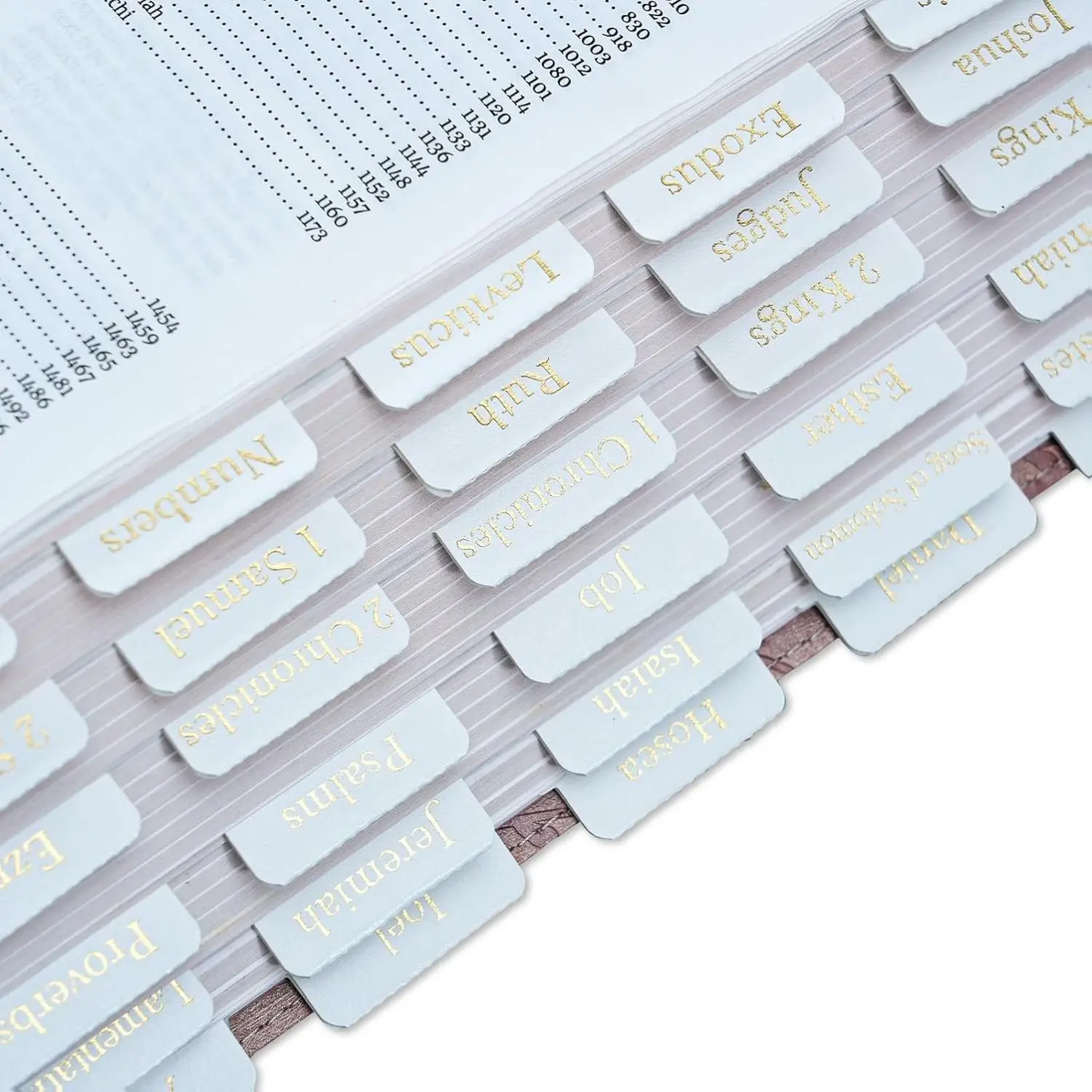 Leather Bible Tabs, Gold Foil Bible Tabs for Women Men, White Bible Book Tabs for Study Bible, 66 Bible Tabs for Old and New Testament, Additional 9 Tabs