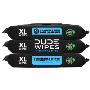 DUDE Wipes - Flushable Wipes - 3 Pack, 144 Wipes - Unscented Extra-Large Adult Wet Wipes - Vitamin-E & Aloe - Septic and Sewer Safe Napkin