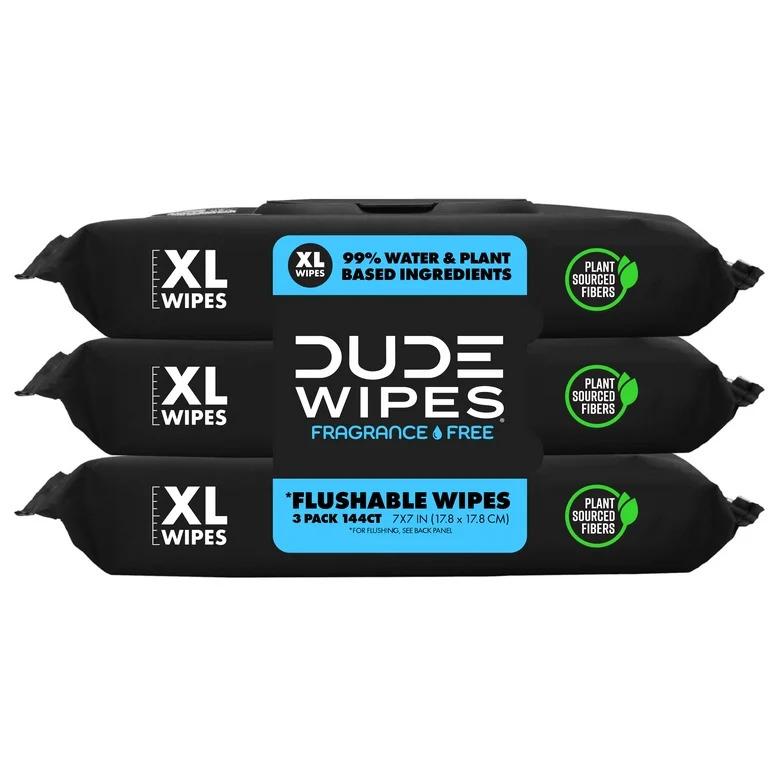 DUDE Wipes - Flushable Wipes - 3 Pack, 144 Wipes - Unscented Extra-Large Adult Wet Wipes - Vitamin-E & Aloe - Septic and Sewer Safe Napkin