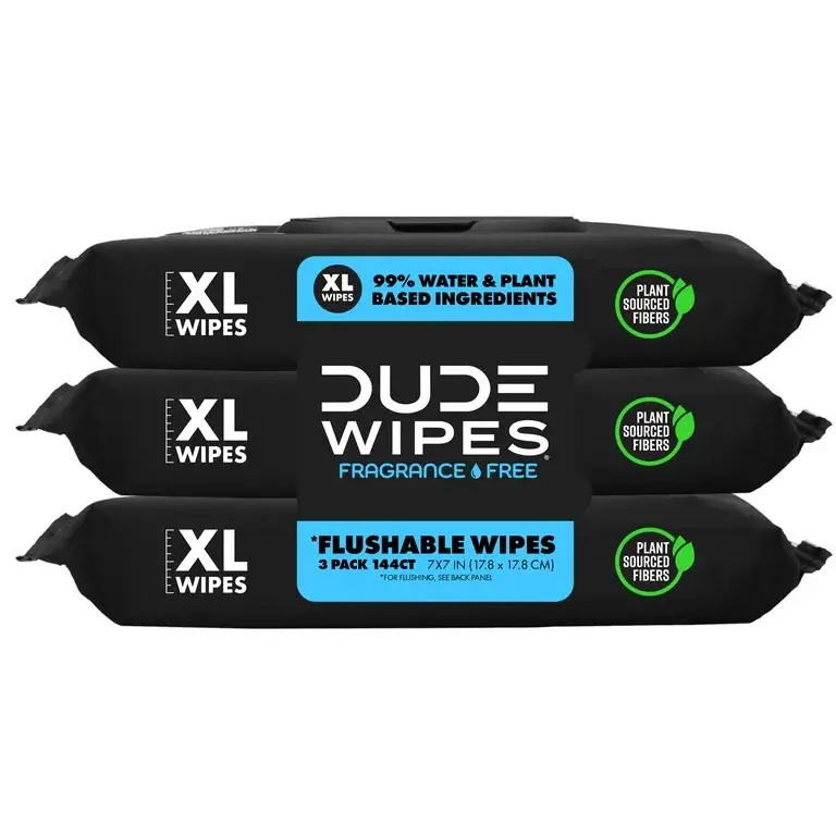 DUDE Wipes - Flushable Wipes - 3 Pack, 144 Wipes - Unscented Extra-Large Adult Wet Wipes - Vitamin-E & Aloe - Septic and Sewer Safe Napkin