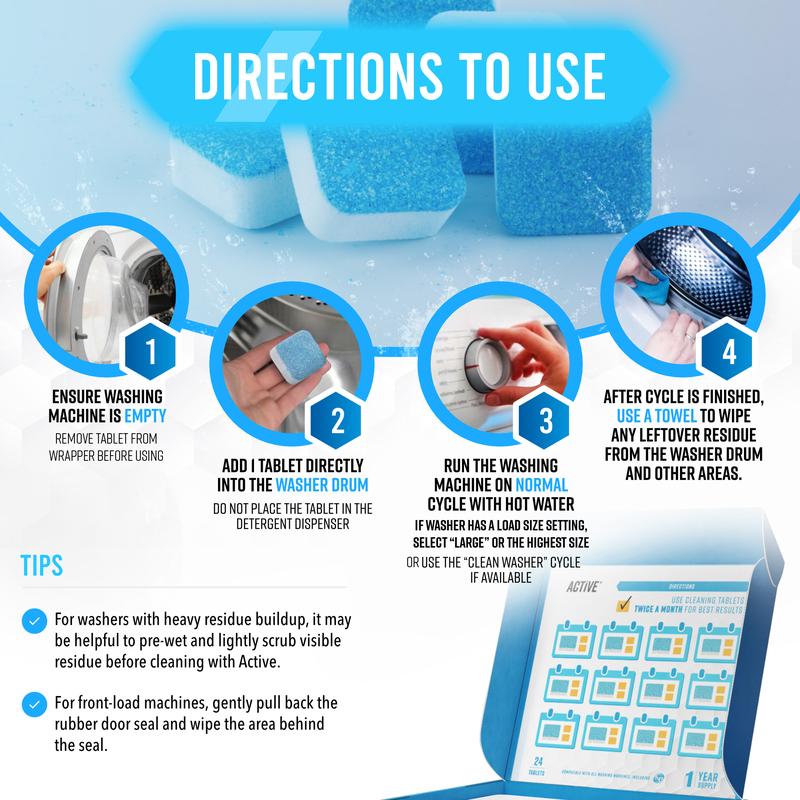 ACTIVE Washing Machine Cleaner Descaler 24 Pack - Deep Cleaning Tablets For HE Front Loader  Top Load Washer Deodorizer, Inside Drum And Laundry Seal