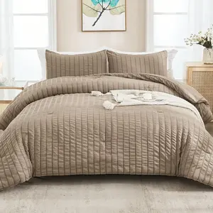 Taupe Seersucker King Comforter (104x90 inches), 3-100% Washed Microfiber Lightweight Comforter with 2 Pillowcases, Down Alternative Comforter for