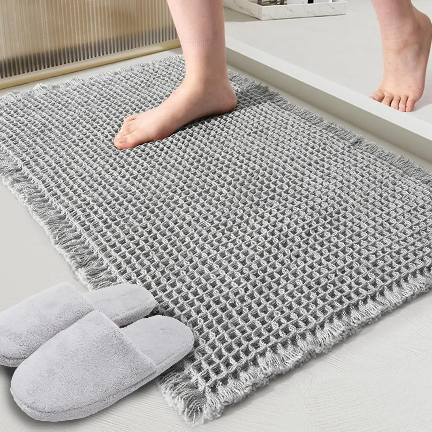 Waffle Pattern, 1 Count Non-slip Soft Absorbent Bathroom Mat, Bathroom Carpet with Tassels, Bathroom Rug, Home Decor, Bathroom Decorative Mat, Bathroom Drying Doormat, Washable Bathroom Rugs