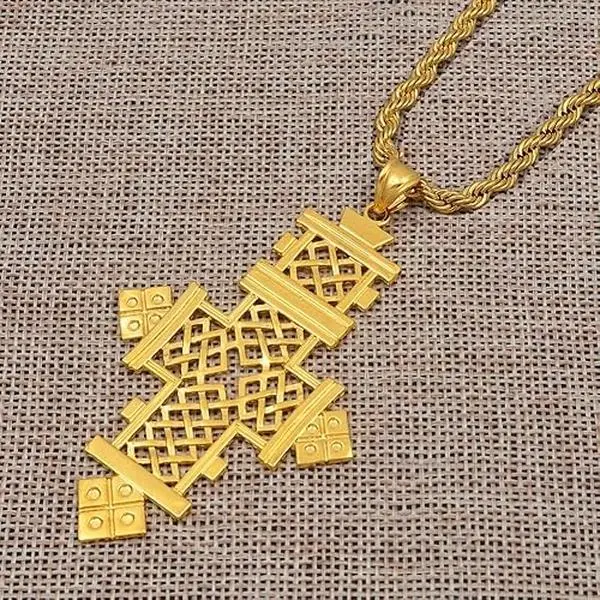 Large Sacred Ethiopian Orthodox Cross Necklace | Lalibela Cross Pendant on Rope Chain (24KGP) | Rastafari | Roots & Culture | Habesha Gifts! Gold Cross Necklace Statement Necklace