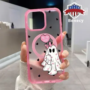 Magnetic Phone Case Supports Wireless Charging for iPhone 16 Pro Max 15 Plus 14 13 12 11 XS XR E Halloween Ghostly Sweetheart Pattern Shockproof Soft Silicone Transparent Cover Cellphone Protective