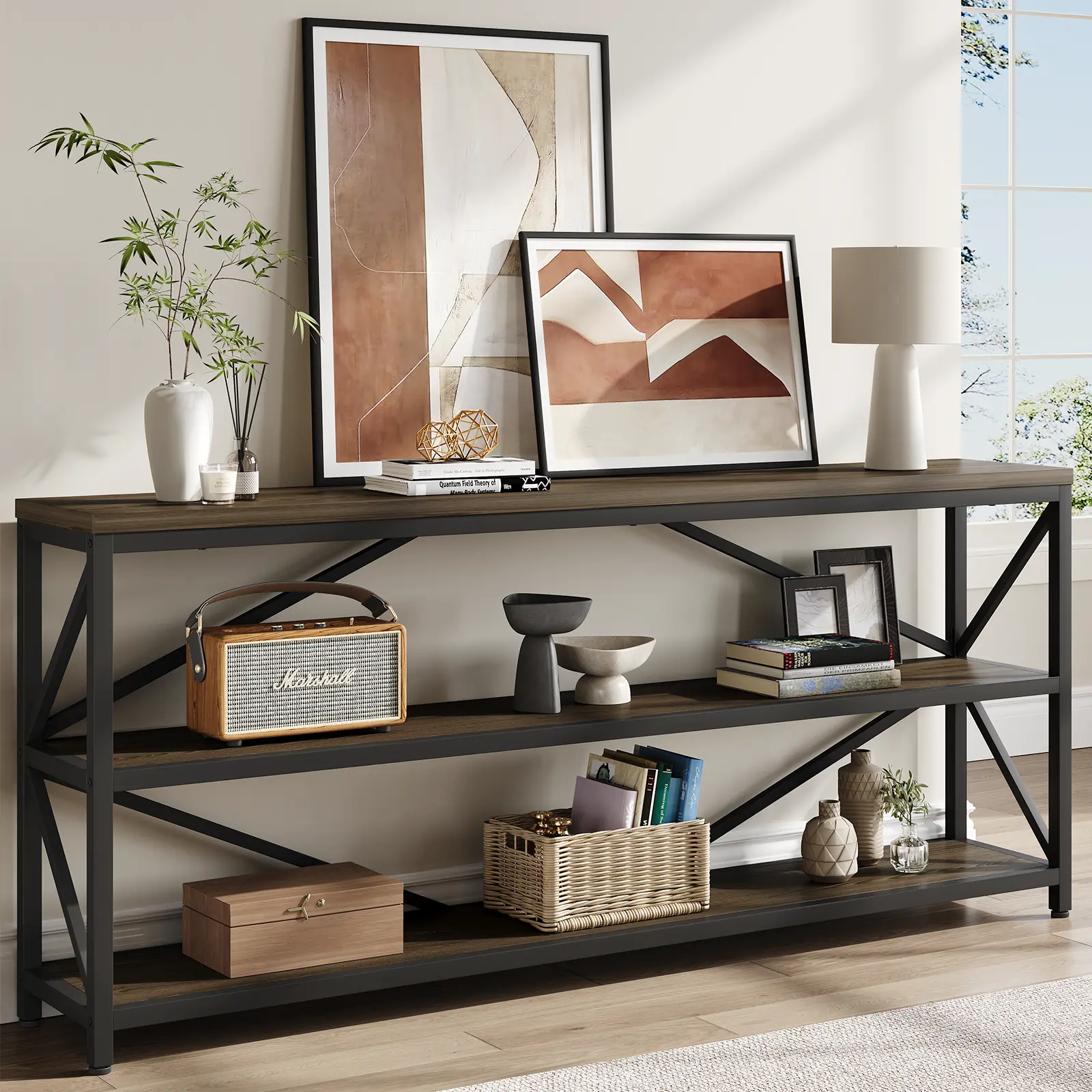 【SummerFinds】ONBRILL Industrial Wooden Farmhouse Rectangular Console Table, 70.8in Extra Long 3-Tier Storage Shelves Narrow Metal-Frame Unit, Living Room & Hallway Tables, Farmhouse Rectangular Table, Industrial Wooden Table