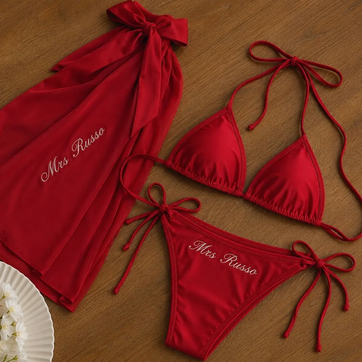 3 Piece Personalized Bride Bikini Set with Sarong, Custom Embroidered Tie Side Swimwear for Bachelorette Party