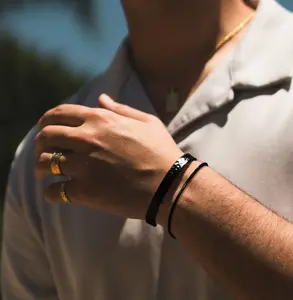 Dearmay Black Double Layer Men’s Bracelet, 6mm Hammered Bangle with 2mm Square Snake Chain, Modern Minimalist Wrist Jewelry, Cool Style Accessory, Ideal Gift for Men