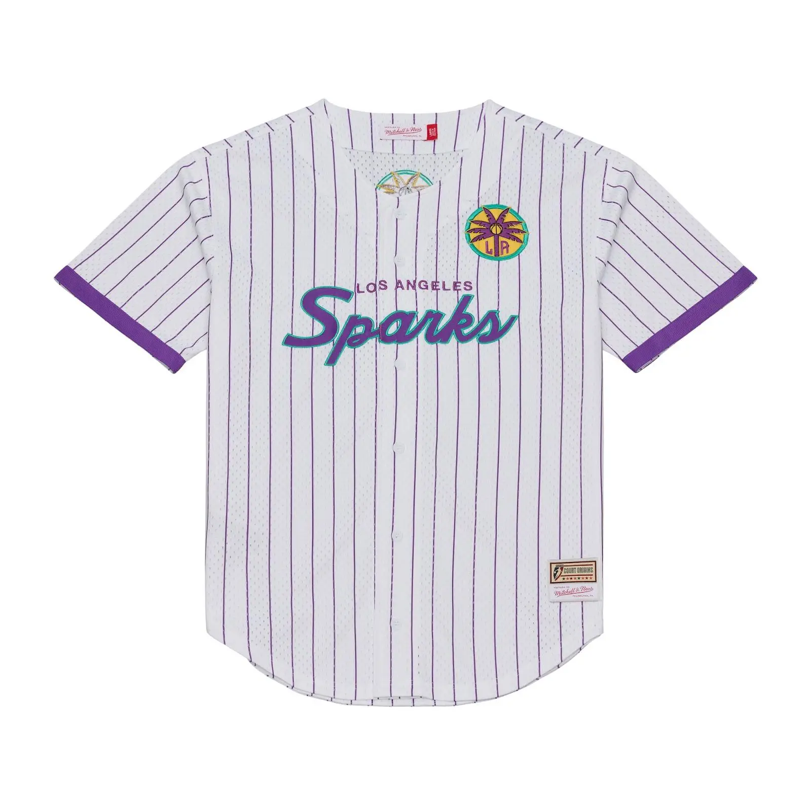 Los Angeles Sparks White Head Coach Pinstripe Mesh Full-Button Baseball Jersey WNBA Throwback Hardwood Classics Fan Gear Mitchell & Ness