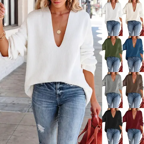 Goranbon Women's Solid Hip Casual Comfortable Long Sleeve Knit Top - Loose Oversized Deep V-Neck Polyester Pullover, Fit-Flattering Knitwear Tunic Jumper with Necklace-Ready Statement Design