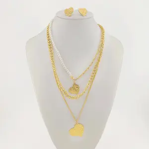 FWJ Stainless Steel Layering Heart Set 6mm Curb Link 16" Necklace & 16mm x 14mm Earrings Gold Plated Jewelry