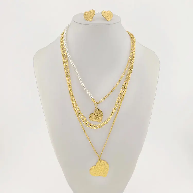 FWJ Stainless Steel Layering Heart Set 6mm Curb Link 16" Necklace & 16mm x 14mm Earrings Gold Plated Jewelry