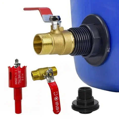 1 set Rainwater Barrel Overflow Kit, Rain Barrel Connection Kit, Rain Barrel Accessories, Brass Ball Valve, Punch, Flange Connector Adapter, Suitable for 1/2 inch-DN15 Male Thread, Rain Barrels, Water Tanks, Garden Irrigation Systems, Watering Equipment