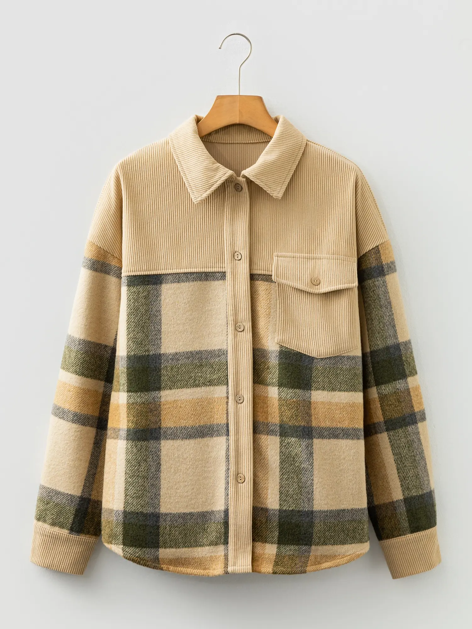 Vintage Plaid Flannel Shirt Women Corduroy Patchwork Oversized Fall Shacket