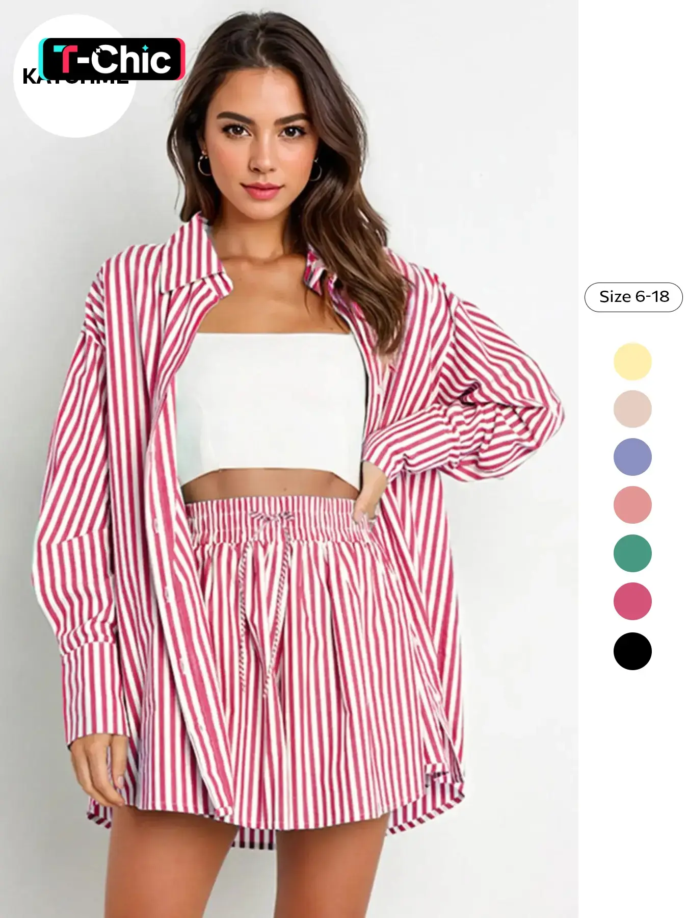 Women's Casual Striped Shirt and Pants Set, Long Sleeve Button Front Top, Split Thigh Design, Summer Matching Set, Fashionable Two-Piece Clothing, Blouse Shorts Set, Two Pieces Sets