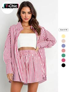 two-piece set women's striped print co-ord two-piece set, 2 counts casual long sleeve drop shoulder collared shirt & drawstring wide leg shorts set, ladies summer clothes, womenswear, outfit sets women, longsleeves casual outfits women