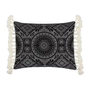 Black Crewel Stitch Tassel Pillow