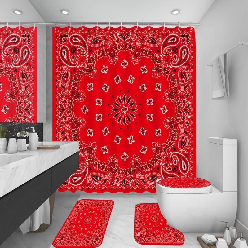 1/4pcs Red Bandanna Pattern Shower Curtain Set, Waterproof Shower Curtain With 12 Hooks, Non-Slip Bath Rug, U-Shape Mat, Toilet Lid Cover Pad, Bathroom Sets Rugs Shower Curtain Full Set, Bathroom Accessories, Home Decor