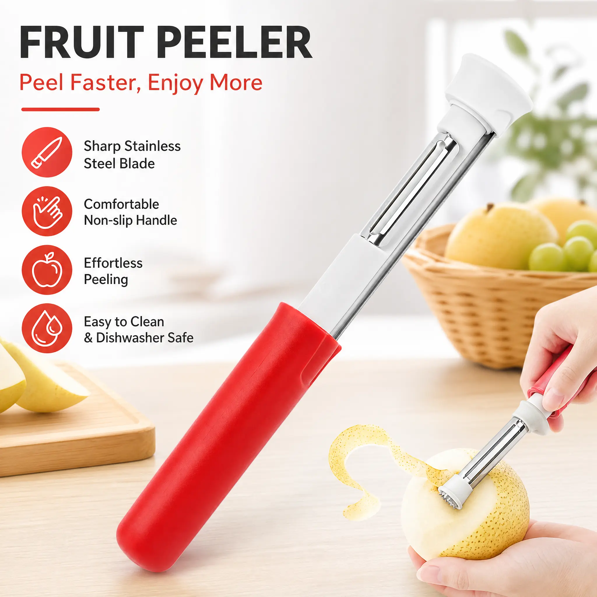 2 in 1 Stainless Steel Apple Peeler & Corer Remover, Red Multi Fruit Vegetable Slicer Dicer Tool, Dishwasher Safe Core Extractor for Apples, Pears and Bell Peppers, Practical Kitchen Prep Gadget