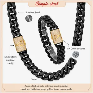 Heavy 14MM Black Cuban Link Chain Necklace and Bracelet Matching Set Stainless Steel Custom A-Z Initial Iced Clasp 5A Cubic Zirconia Hip Hop Jewelry for Men Women, Tarnish Resistant Waterproof High Density Coating Luxury Streetwear Fashion