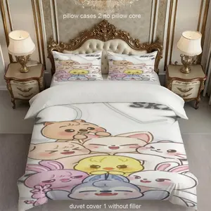 JIT Three-Piece Set, Soft Bedding Sets, SKZ Cute Pet Printed Duvet Cover Set 100% Polyester Breathable Fabric Machine Washable Bedroom Decoration Set Includes One Duvet Cover + 2 Pillowcases, Does Not Include Duvet