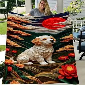 Cute Dog Landscape Print Blanket, Soft Comfortable Small Blanket, Suitable for Office, Bedroom, Sofa, Outdoor, Hand Washable, Multi-Functional Blanket, Elegant Gift
