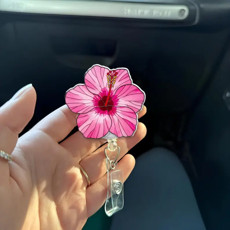 Hibiscus Flower Badge Reel: Tropical ID Holder, Nurse Accessory