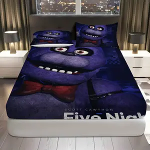 3Pcs Horror Game Character Fitted Sheet Three Piece Set (1*Fitted Sheet+2*Pillowcases, Coreless), Halloween theme, Five Nights Bedding Set, Mattress protector Soft, Breathable