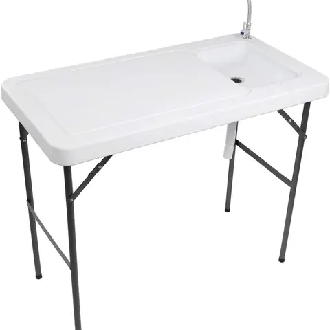 VINGLI Stainless Steel Fold-and-Go Camping Kitchen Table - Heavy Duty Camping Furniture with Storage, 1 Upgraded Sink, 3-Way Garden Hose Connector, Convenient Water Spray Nozzle, Metal Grid Rack for Road Trip, Off-Grid Use