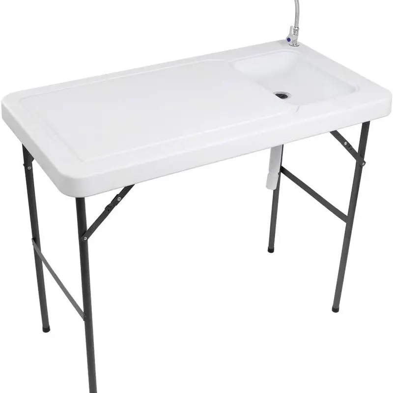 VINGLI Stainless Steel Fold-and-Go Camping Kitchen Table - Heavy Duty Camping Furniture with Storage, 1 Upgraded Sink, 3-Way Garden Hose Connector, Convenient Water Spray Nozzle, Metal Grid Rack for Road Trip, Off-Grid Use