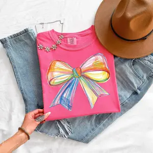 Comfort Colors Colorful Bow T-shirt, Preppy Rainbow Bow Graphic Tee, Trendy Hand-Drawn Bow Shirt, Cute Fashionable Summer Top