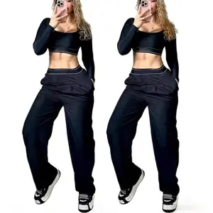 Women's Wide Leg Yoga Style Women's Wide Leg Pants Yoga Front Fold Loose Elastic Waist Sports Straight Pocket Soft Black Casual Womenswear Activewear Blouse Essential Cropped Bottom Day Dress Light Summer Wear