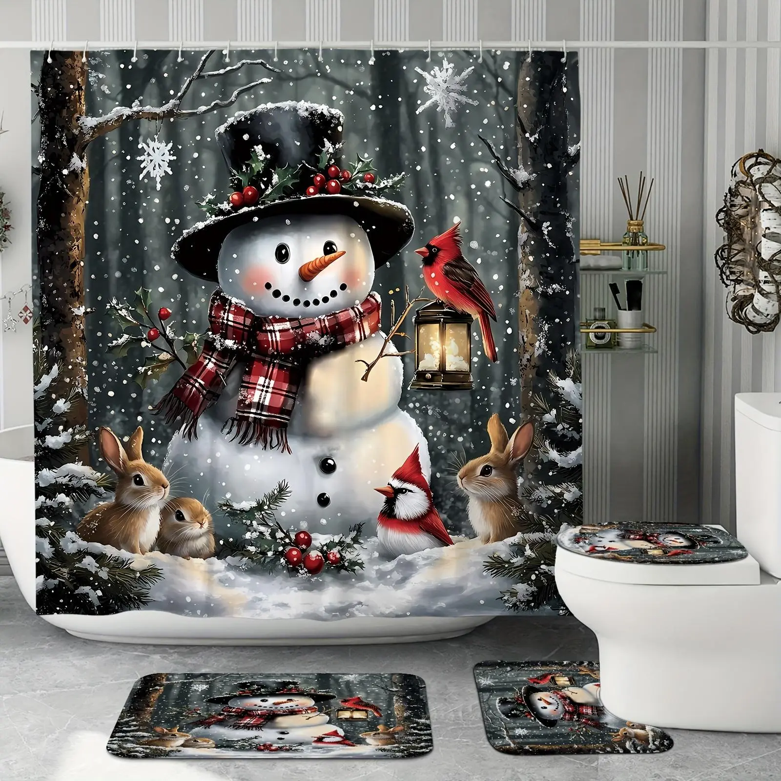 Christmas Themed Bathroom Accessories Set, 4 Counts/set Including Shower Curtain & Toilet U-shape Mat & Bath Mat & Toilet Lid Cover, Shower Curtain Sets, Bathroom Decor Supplies, Bathroom Set With Shower Curtain, Bathroom Curtains Shower Set
