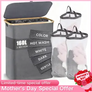 Premium Bamboo 160L Foldable Laundry Hamper 3 Mesh Breathable Bags Dirty Clothes Storage Basket for Dormitory Home Laundry Organization Needs
