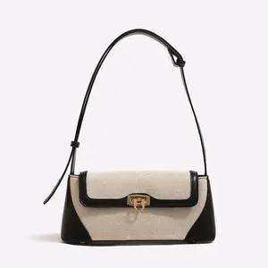 Minimalist Baguette Style Underarm Purse with Gold-Tone Lock, Canvas & Leather Two-Tone Shoulder Bag for Women with Adjustable Strap, Elegant Crossbody Bag for Women, Perfect for Work, Brunch, Casual Outings & Everyday Use