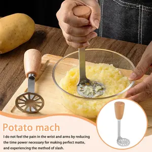 1/2 Pcs Optional Potato Mash Tool, Wooden Handle Stainless Steel Masher