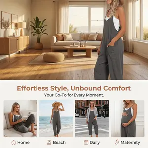 Women's Causal Jumpsuits V Neck Sleeveless Harem Overalls Stretchy Adjustable Strap Romper with Pockets