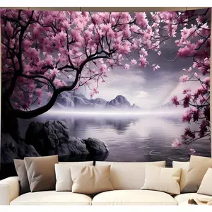 Cherry Blossom Tapestry Wall Hanging, Asian Cherry Blossom Tapestry Mountain Landscape Calm Lake Water Ocean Background Natural Tapestry Bedroom Aesthetic Living Room Wall Art Decoration 60x40inch