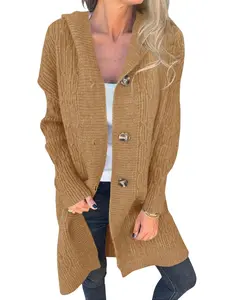Danedvi Women's Chunky Cable Knit Long Sleeve Hooded Open Front Cardigan, Warm Button-Down Outerwear (Khaki) – Pair with Jeans, Leggings, Tank Tops for Versatile Style