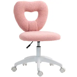 HOMCOM Armless Home Office Desk Chair, Height Adjustable Computer Task Chair, Modern Teddy Fleece Heart Makeup Vanity Chair with Swivel Wheels