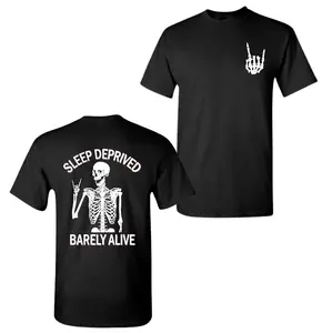 Sleep Deprived Barely Alive Skeleton 2-Sided T-Shirt, Funny Goth Graphic Tee, Casual Streetwear Top for Men & Women