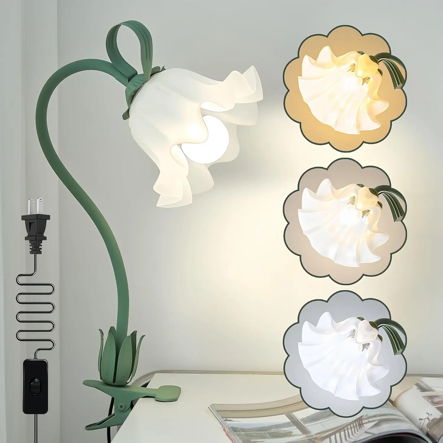 Clip on Light Flower Desk Lamp, LED Reading Light 3 Color Modes Eye-Caring Book Light Flexible Gooseneck Bedside Clip on Lamp for Desk Piano Office Bed Headboard Dorm (Green Lamp)