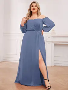 Ever-Pretty【Plus Size】 Fall High-Slit Waist Pleated Bridesmaid Dress with Long Sleeves for Women's Wear Comfort 0002 bridesmaid dress,wedding  dress,