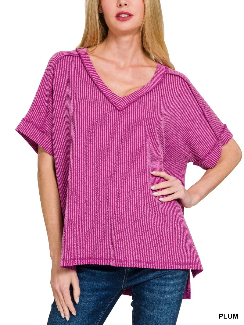 Zenana Ribbed Short Sleeve High Low Hem V Neck Top 8539, Relaxed Fit Stylish Design Stretchy Comfort Knit Womenswear Casual Oversized
