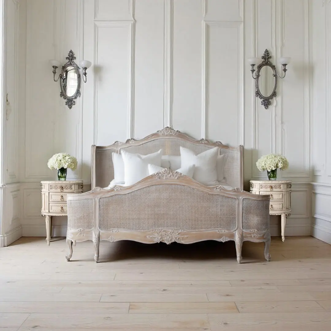La Reine French Country Birch Wood Bed Frame - California King Size (80x84in), 60in Rectangular Headboard, Distressed Finish, Fine Craftsmanship, Pre-Order August Delivery