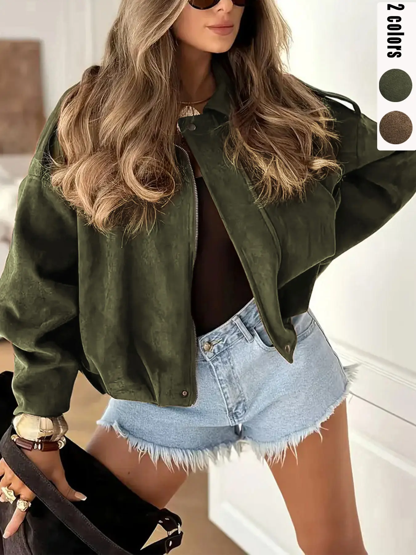Ladies' military green retro suede jacket, bomber jacket, faux leather long-sleeved single-breasted loose casual short coat with pockets and metal buttons, suitable for windproof outings in autumn and winter, Outerwear, Womenswear